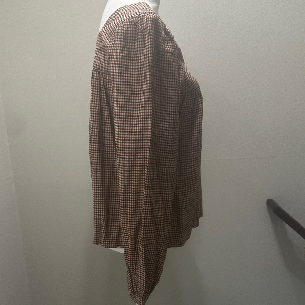 Checked Button-Front Peasant Blouse - Brown Check - image 4